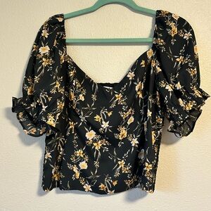 Abercrombie Floral Puff-Sleeve Square Neck Top - Black/Yellow
